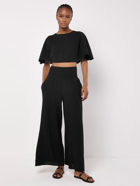 Smocked Waistband Palazzo Trousers, Black, large