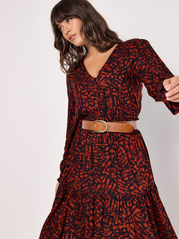 Abstract Print Tiered Midaxi Dress, Red, large