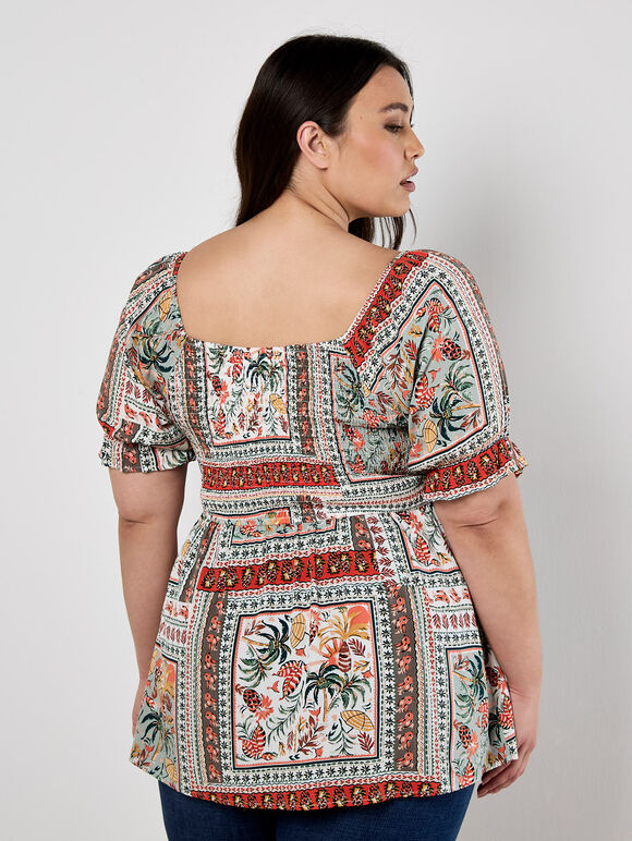 Tropical Scarf Prnt Milkmaid Top, Orange, large