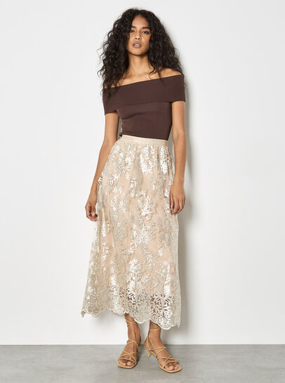 Shimmer Mesh Floral Embroidered Midi Skirt