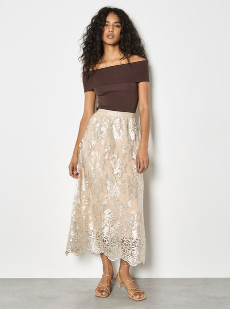 Shimmer Mesh Floral Embroidered Midi Skirt