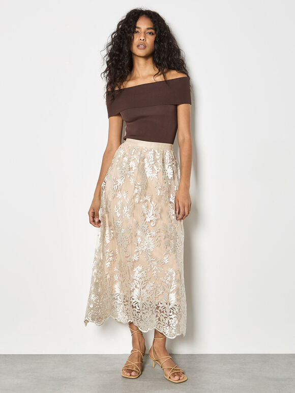 Shimmer Mesh Floral Embroidered Midi Skirt, Stone, large
