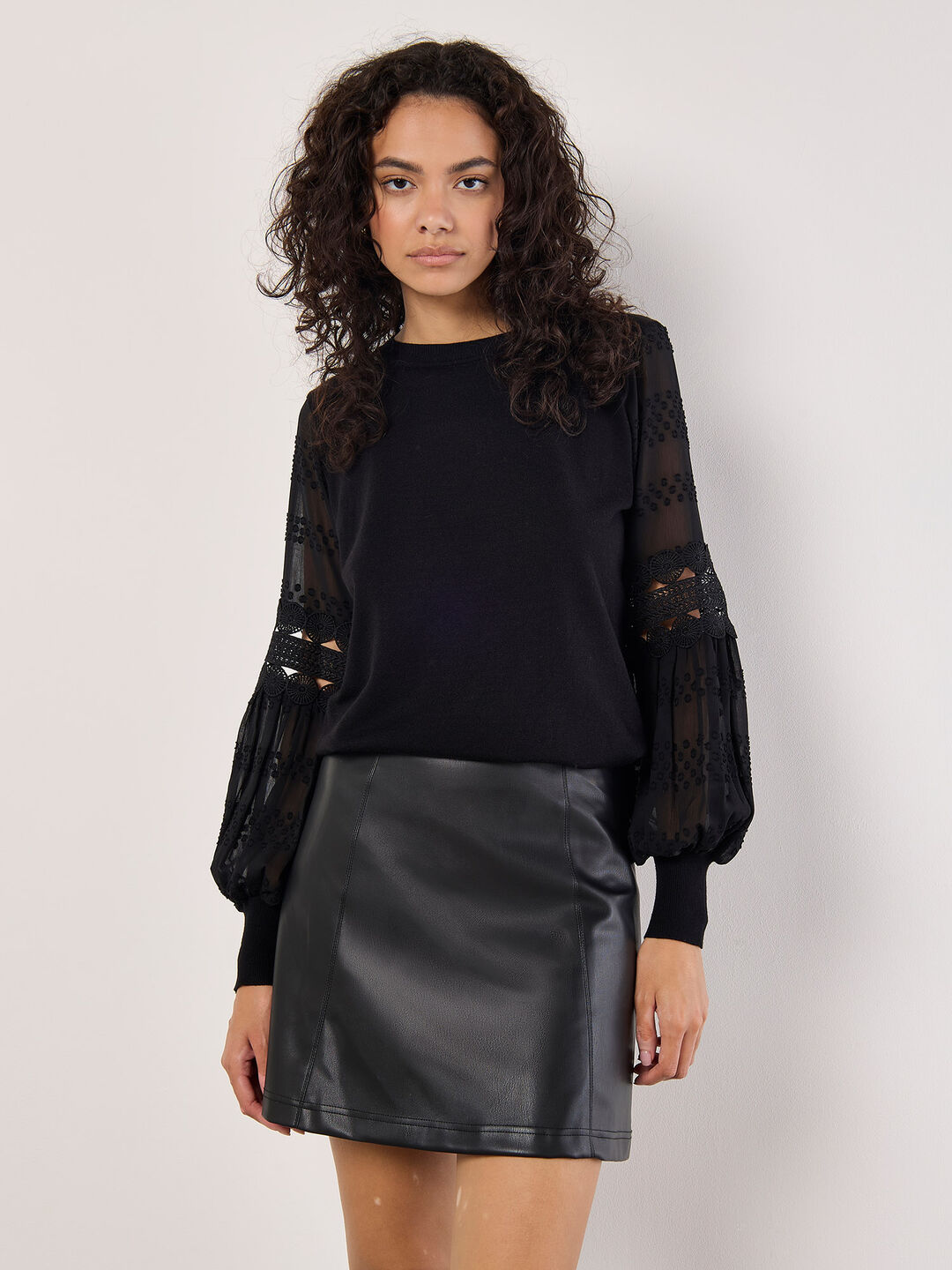 Apricot Women's Contrast Chiffon Sleeves Jumper in Black | Size: 8
