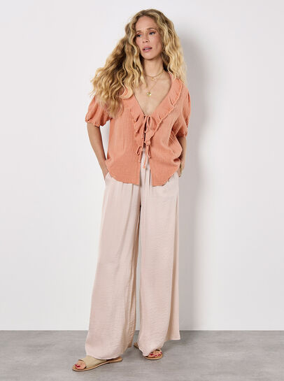 Raw Edge Ruffle Tie-Up Top