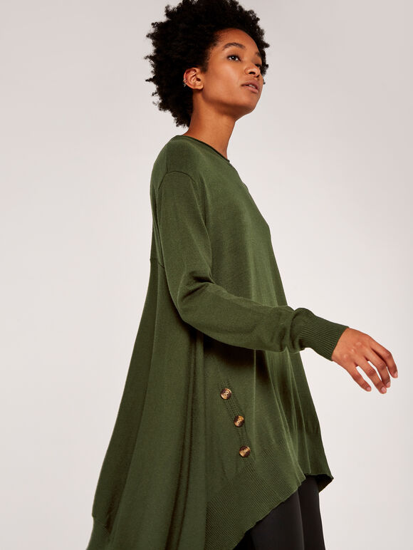 Longline Side Button Jumper, Khaki, large
