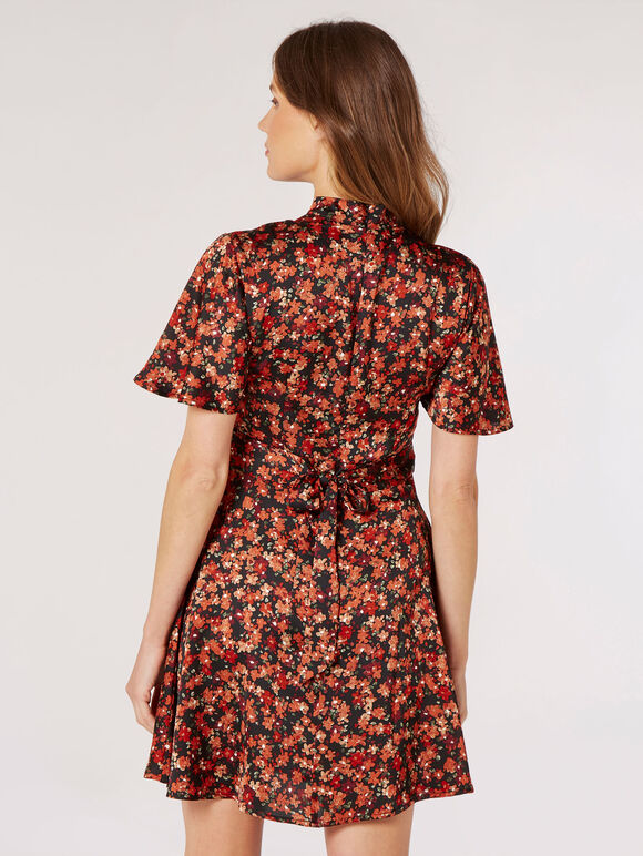 Floral Satin Mini Dress, Black, large