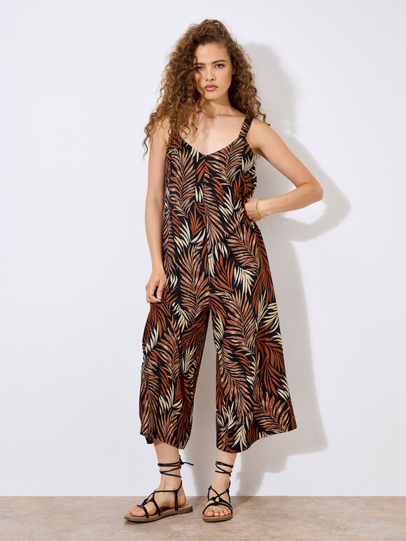 Leaf Print Wide Leg Jumpsuit, Rust, large