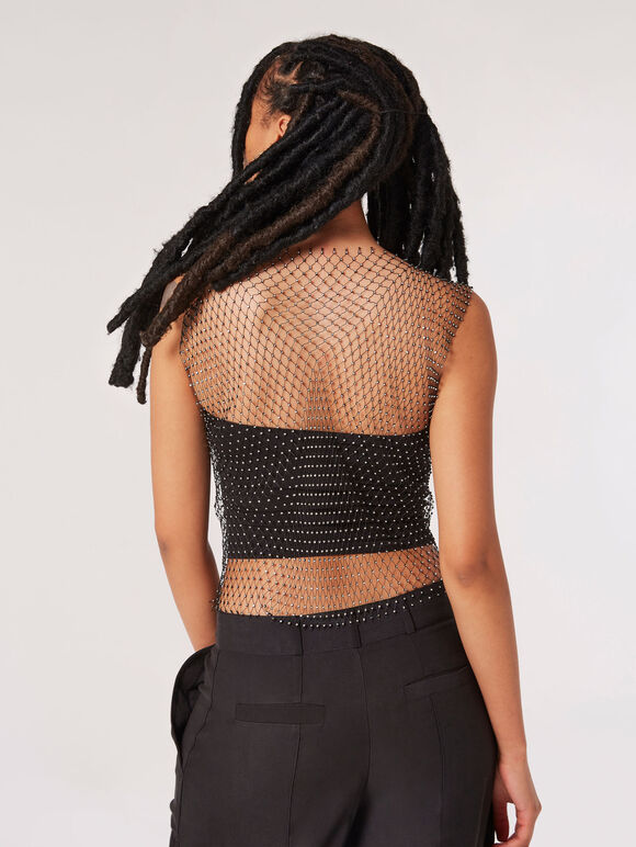 Rhinestone Mesh Tank Top, Black, large