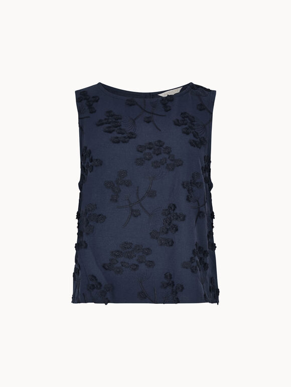 Embroidered Floral Linen Blend Shell Top, Navy, large