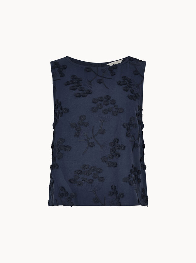 Embroidered Floral Linen Blend Shell Top, Navy, large