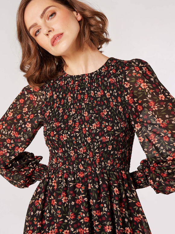 Ditsy Floral Smocked Mini Dress, Burgundy, large