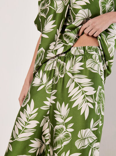 Tropical Leaf Print Satin Wide Leg Trousers