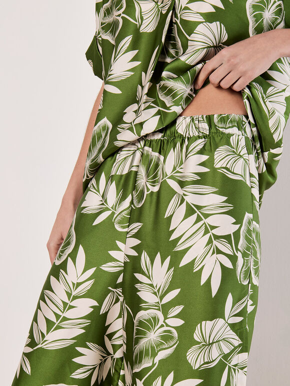 Tropical Leaf Print Satin Wide Leg Trousers, Green, large