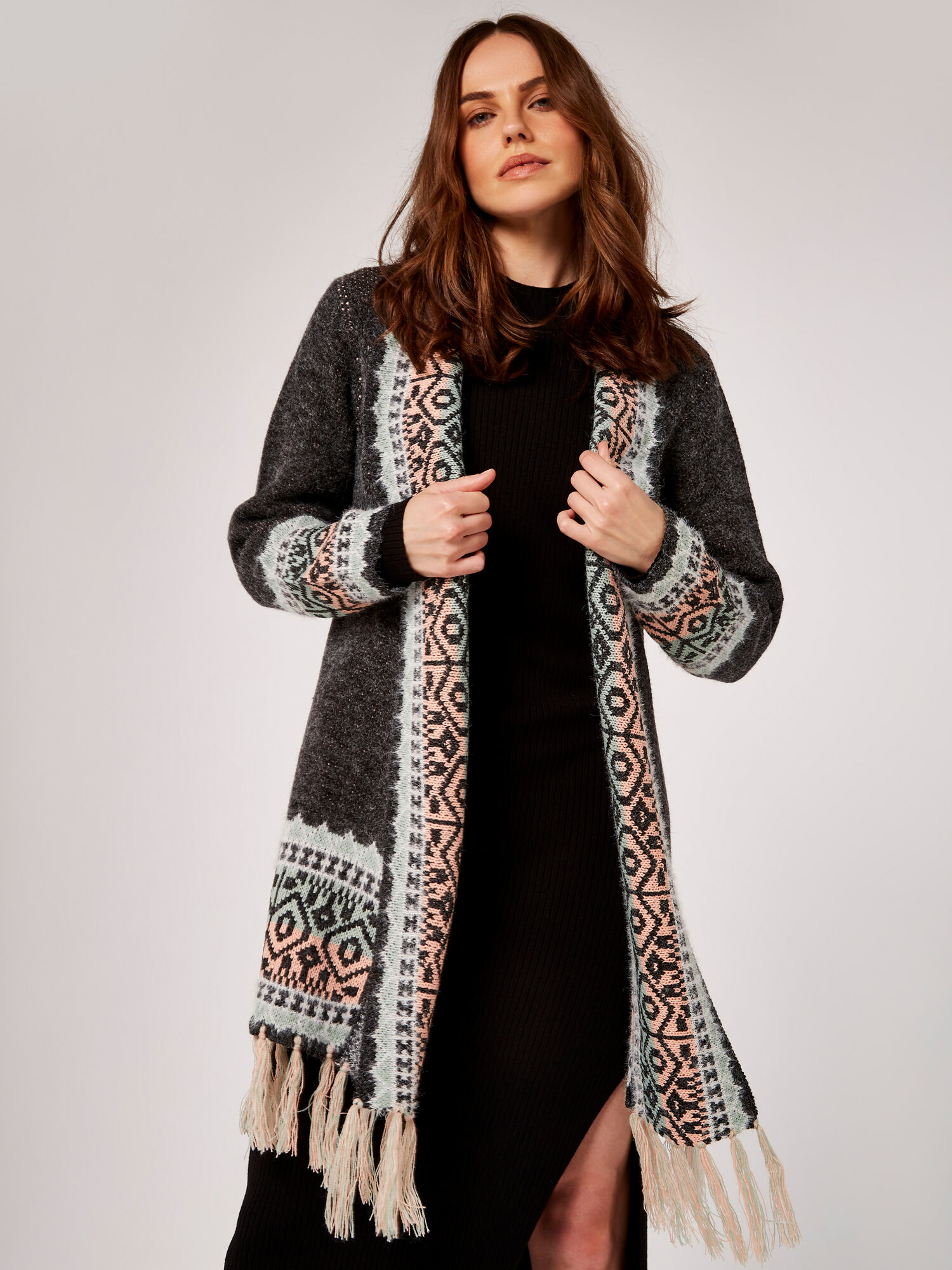 Fairisle Fuzzy Fringed Cardigan Apricot Clothing