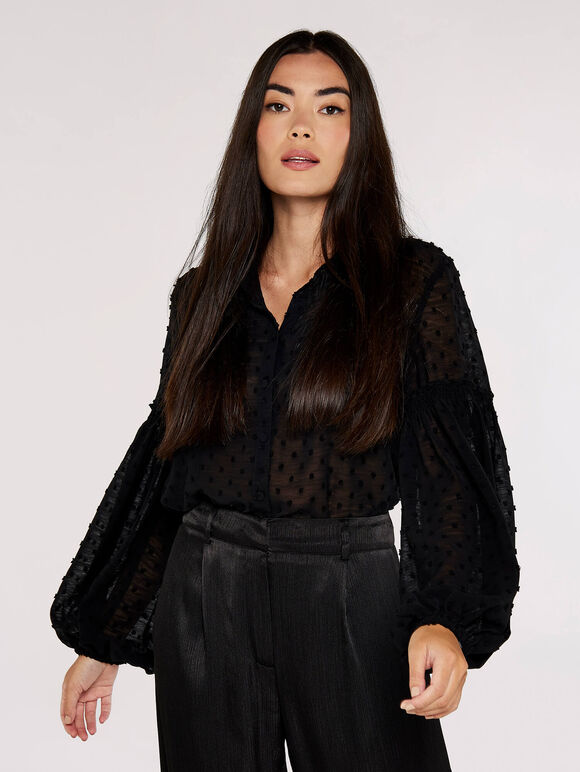 Dobby Bell Sleeve Shirt, Black, large
