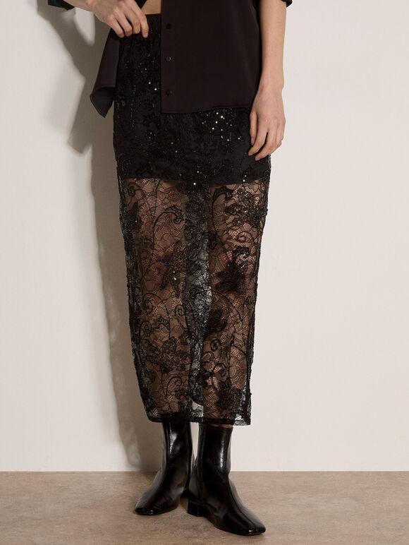 Floral Beaded Lace Midi Skirt, Black, large