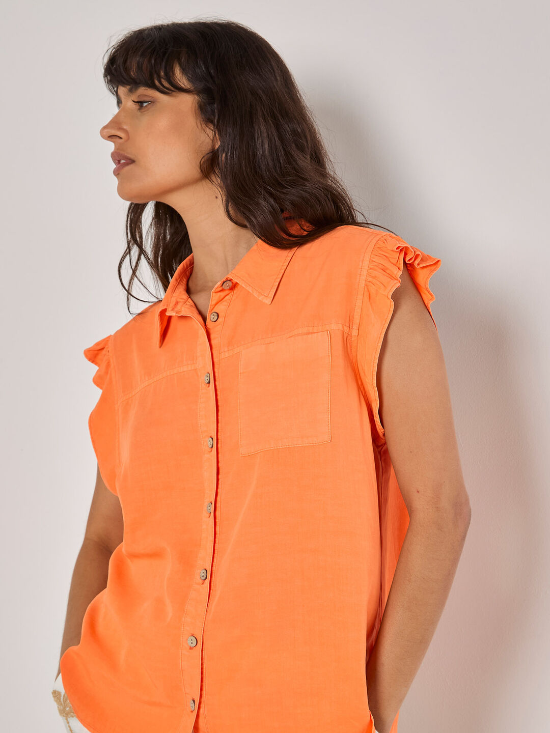 Ruffle Sleeve Soft Slub Blouse