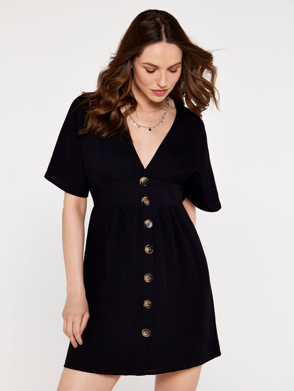 V-Neck Button Front Dress, Black, large