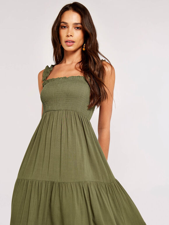 Smock Tiered Midi Dress, Khaki, large