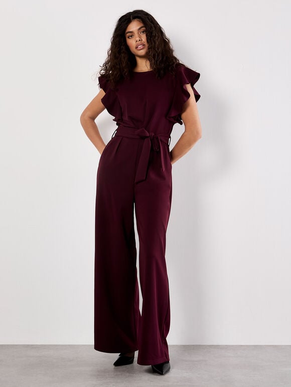 Ruffle Sleeve Jersey Jumpsuit, Burgundy, large