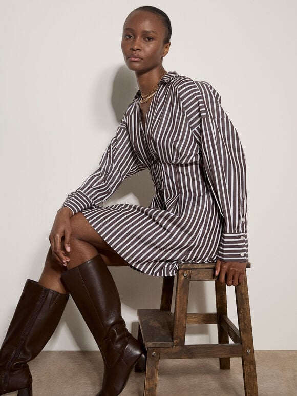 Stripe Shirt Cotton Mini Dress, Brown, large