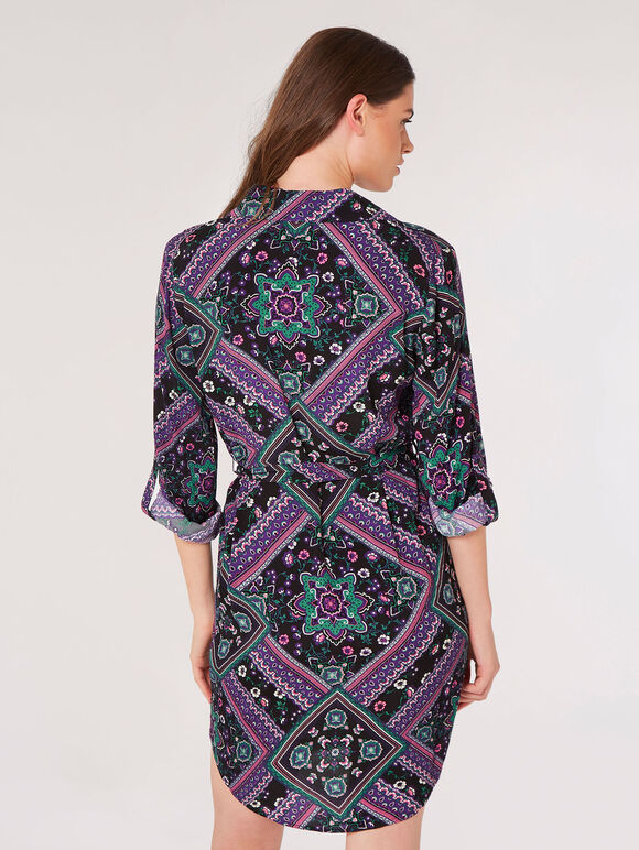 Scarf Print Shirt Mini Dress, Purple, large