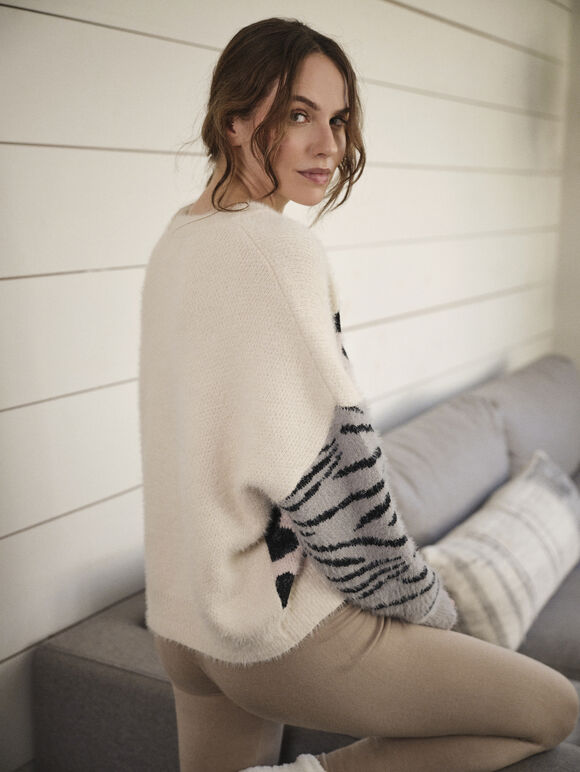Animal Block Fuzzy Jumper, Cream, large