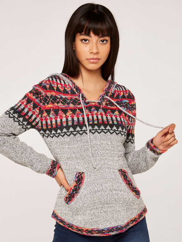 Aztec Knit Hooded Jumper, Grey, large