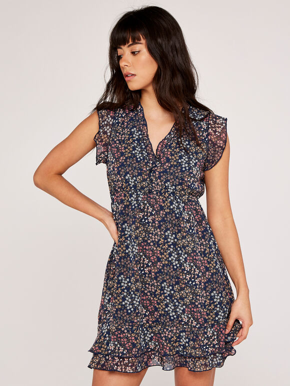 Ditsy Floral Frill Chiffon Dress, Navy, large