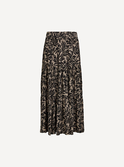 Leaf Print Tiered Midi Skirt