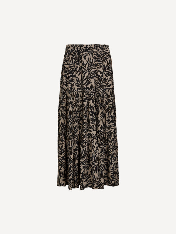 Leaf Print Tiered Midi Skirt, Brown, large