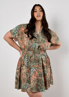 Tropical Leaf Print Smocked Mini Dress, Khaki, large