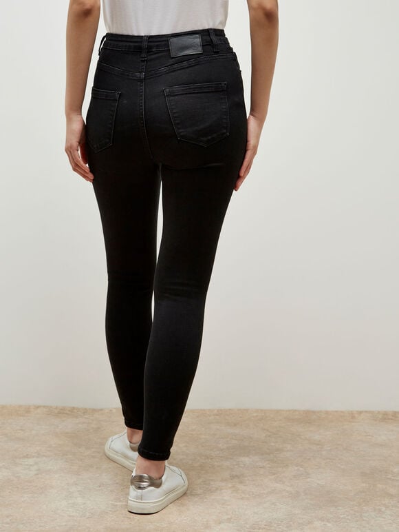 Button Detail Skinny Jeans, Black, large