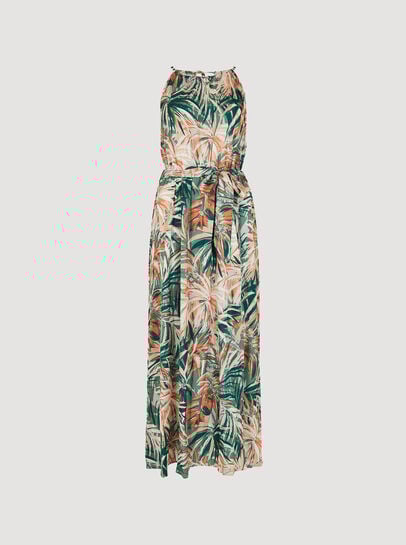 Tropical Leaf Satin Midi Dress