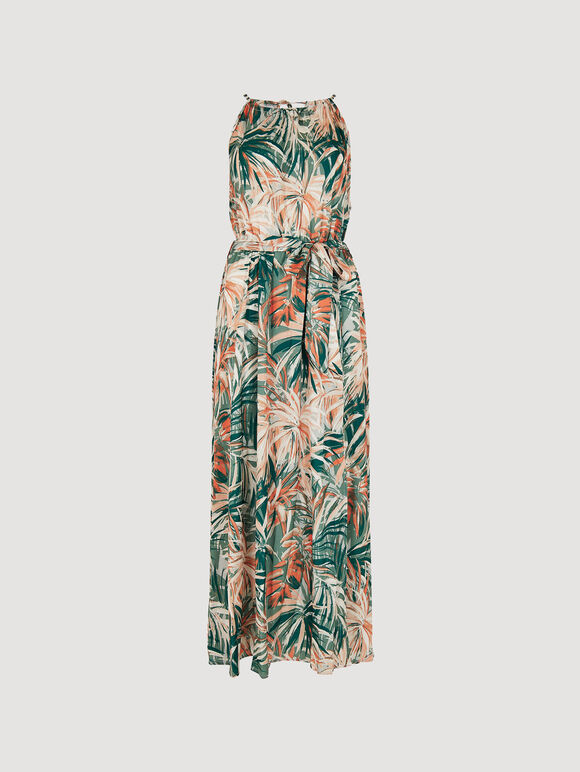 Tropical Leaf Satin Maxi Dress, Khaki, large