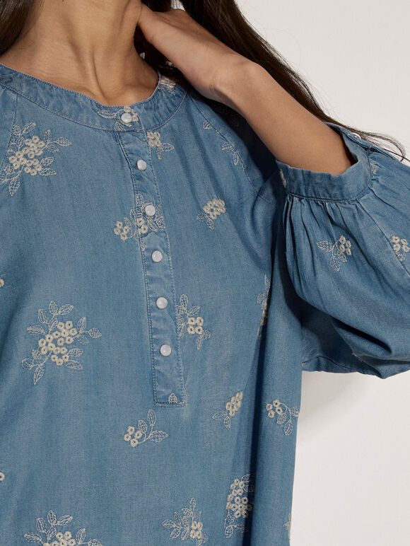 Floral Embroidered Denim Blouse, Blue, large