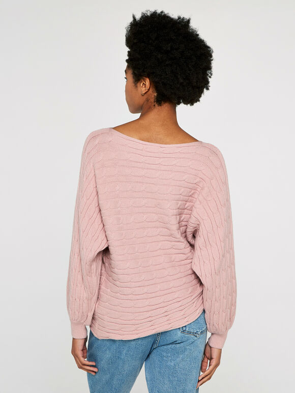 Cable Stripe Batwing Aran Jumper, Pink, large