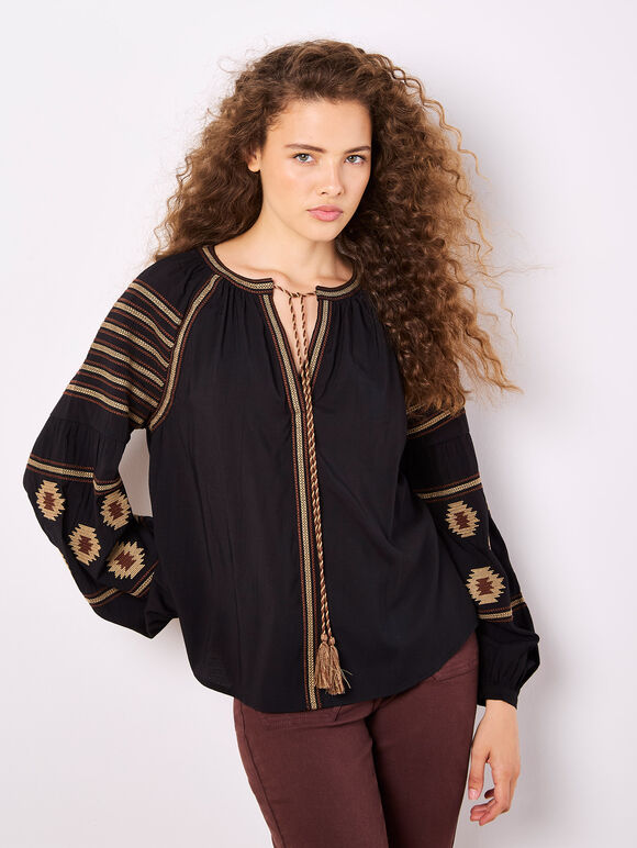 Aztec Embroidered Blouse, Black, large