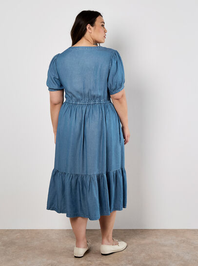 Denim Zip Tiered Midi Dress