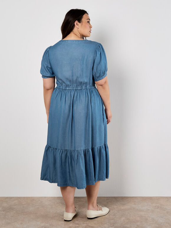 Denim Zip Tiered Midi Dress, Blue, large