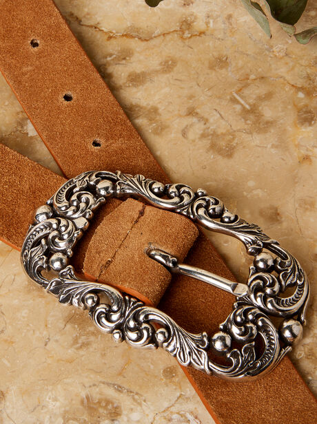 Suede Leather Ornate Buckle Belt