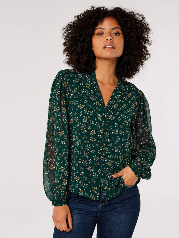 Ditsy Floral Chiffon Blouse, Green, large