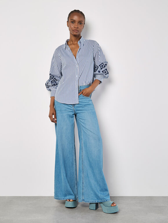 Embroidered Sleeves Stripe Shirt, Blue, large