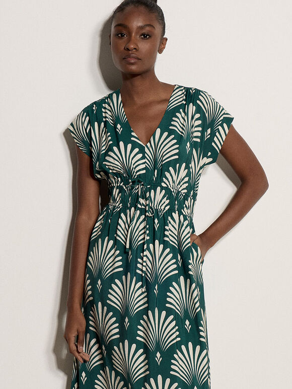 Fan Print Midaxi Dress, Green, large