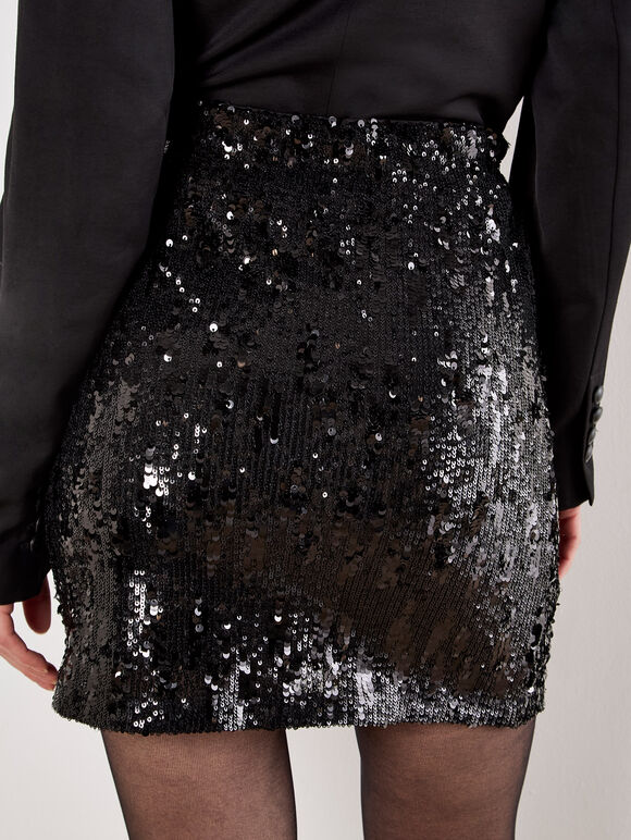 Multi Sequin Bodycon Mini Skirt, Black, large
