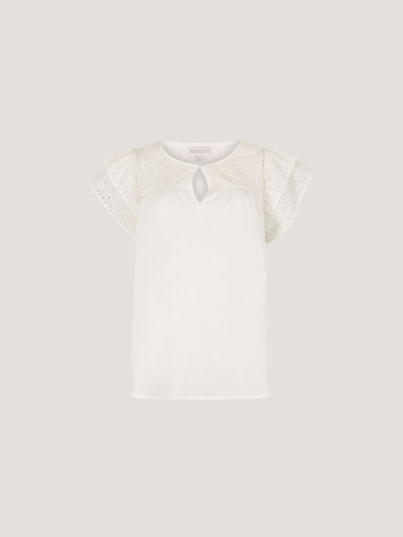Broderie Yoke Cotton Top, White, large