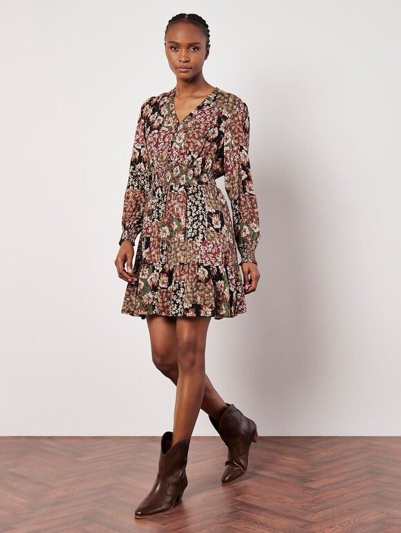Patchwork Floral Shimmer Mini Dress, Green, large