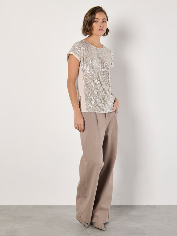 Sequin Embellished T-Shirt, Stone, large