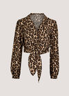 Leopard Print Tie Front Crop Shirt, Brown, large