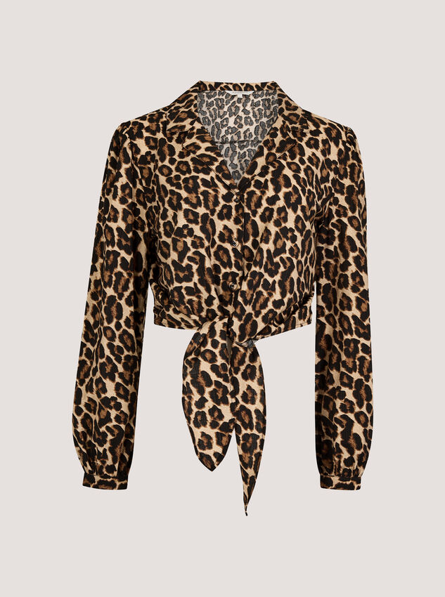 Leopard Print Tie Front Crop Shirt, Brown, large